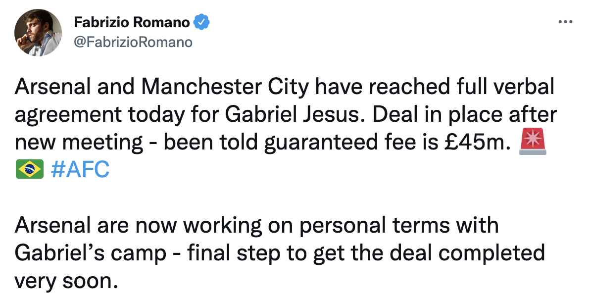 Romano Jesus Arsenal Transfer